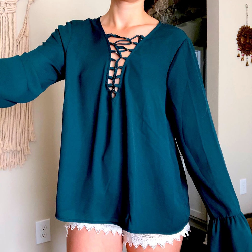 Forever21 Long Sleeve Blouse | emerald green